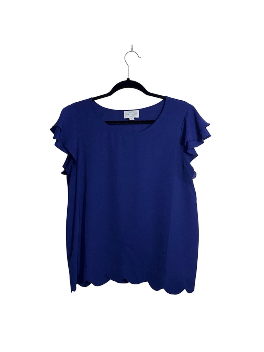 June & Ivy Flutter Sleeve Blouse Solid Cobalt Blue Scallop Hem Large Women’s